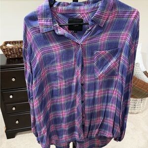 Plaid Button-Up Shirt - Purple and Pink